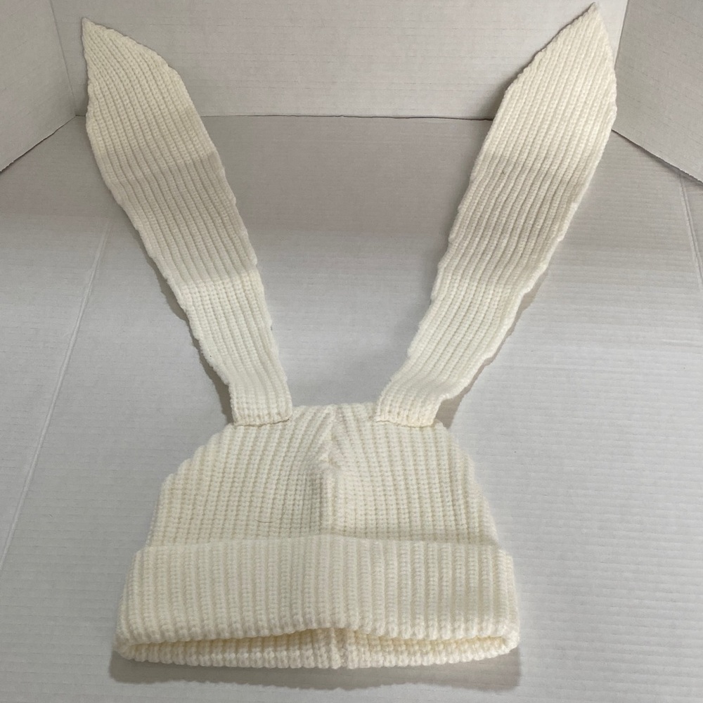 Cream Knit Beanie Hat with Bunny Ears